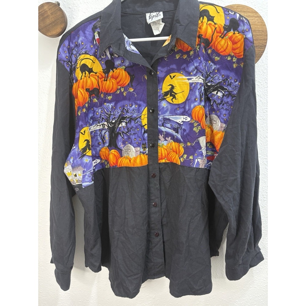 VTG 90s Halloween Button Up Shirt Tap & Co Pumpkins Witches Cats Black Size 20